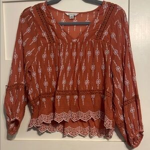 American Eagle Outfitters Brown and Orange Ruffled Peplum Blouse